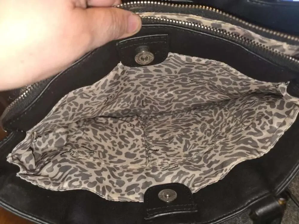 Guess Black Quilted Faux Leather Padlock Satchel Tote Bag Leopard Cheetah Lining